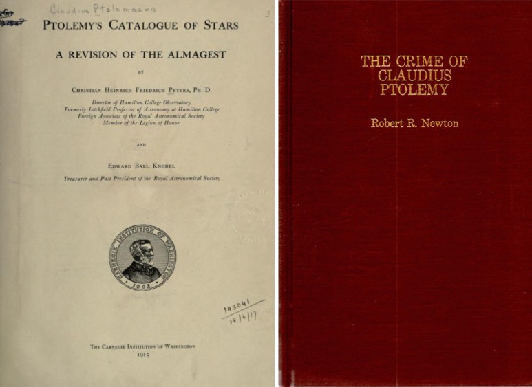 1915년 미국의 두 천문학자가 프톨레마이오스의 별자리지도에 오류가 있다며 발표한 <프톨레마이오스의 별자리지도: 알마게스트 수정>(왼쪽)과 1977년 미국 물리학자 로버트 러셀 뉴턴이 발표한 <클라디우스 프톨레마이오스의 범죄>(오른쪽). 이미지 출처: 위키미디어