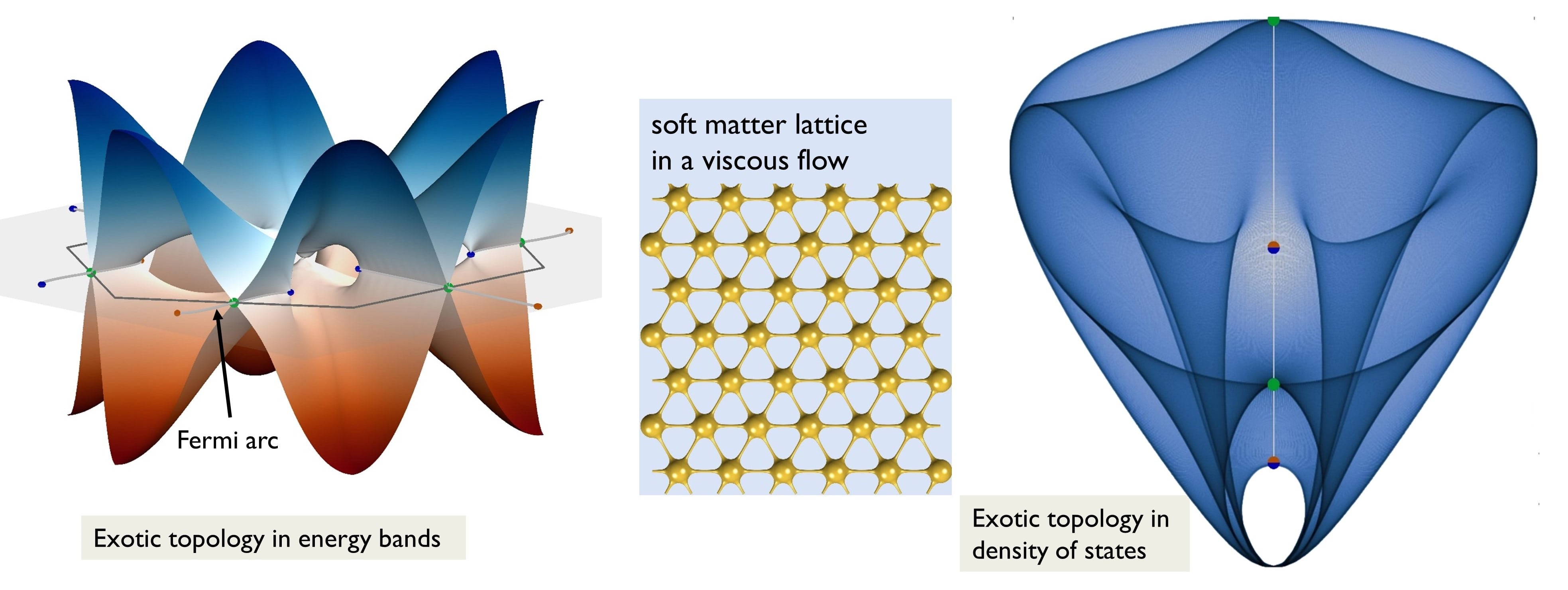 The flow of a soft matter lattice (model) generates exotic topological features in the energy bands (Right), where one can see bulk Fermi arcs, and in the density of states (Left).