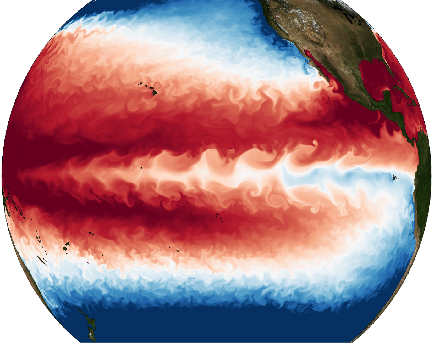 Figure 1. (Surface ocean temperatures simulated at unprecedented resolution using a coupled atmosphere-ocean model. The extensive wavy cold structure in the equatorial Pacific corresponds to a tropical instability wave. Simulations were conducted on the IBS/ICCP supercomputer Aleph.