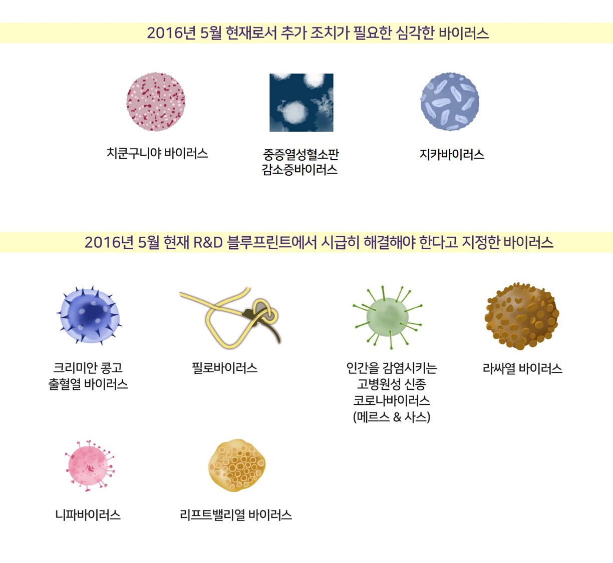 세계보건기구(WHO)가 가까운 미래에 인류를 위협할 수 있는 치명적인 질병을 일으킬 수 있다고 지목한 바이러스 이미지

        2016년 5월 현재로서 추가 조치가 필요한 심각한 바이러스
        치쿤구니야 바이러스 중증열성혈소판감소증바이러스 지카바이러스

        2016년 5월 현재 R&D 블루프린트에서 시급히 해결해야 한다고 지정한 바이러스
        크리미안 콩고 출혈열 바이러스 필로바이러스 인간을 감염시키는 고병원성 신종 코로나바이러스 (메르스&사스) 라싸열 바이러스 니파바이러스 리프트밸리열 바이러스