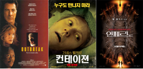 신종 바이러스를 모티브로 한 영화 포스터

                OUTBREAK 누구도 만나지 마라 기네스 펠트로
                컨테이젼 9월 대개봉 톰 행크스 주연 <다빈치 코드>,<천사와 악마>시리즈
                인페르노 10월 대개봉