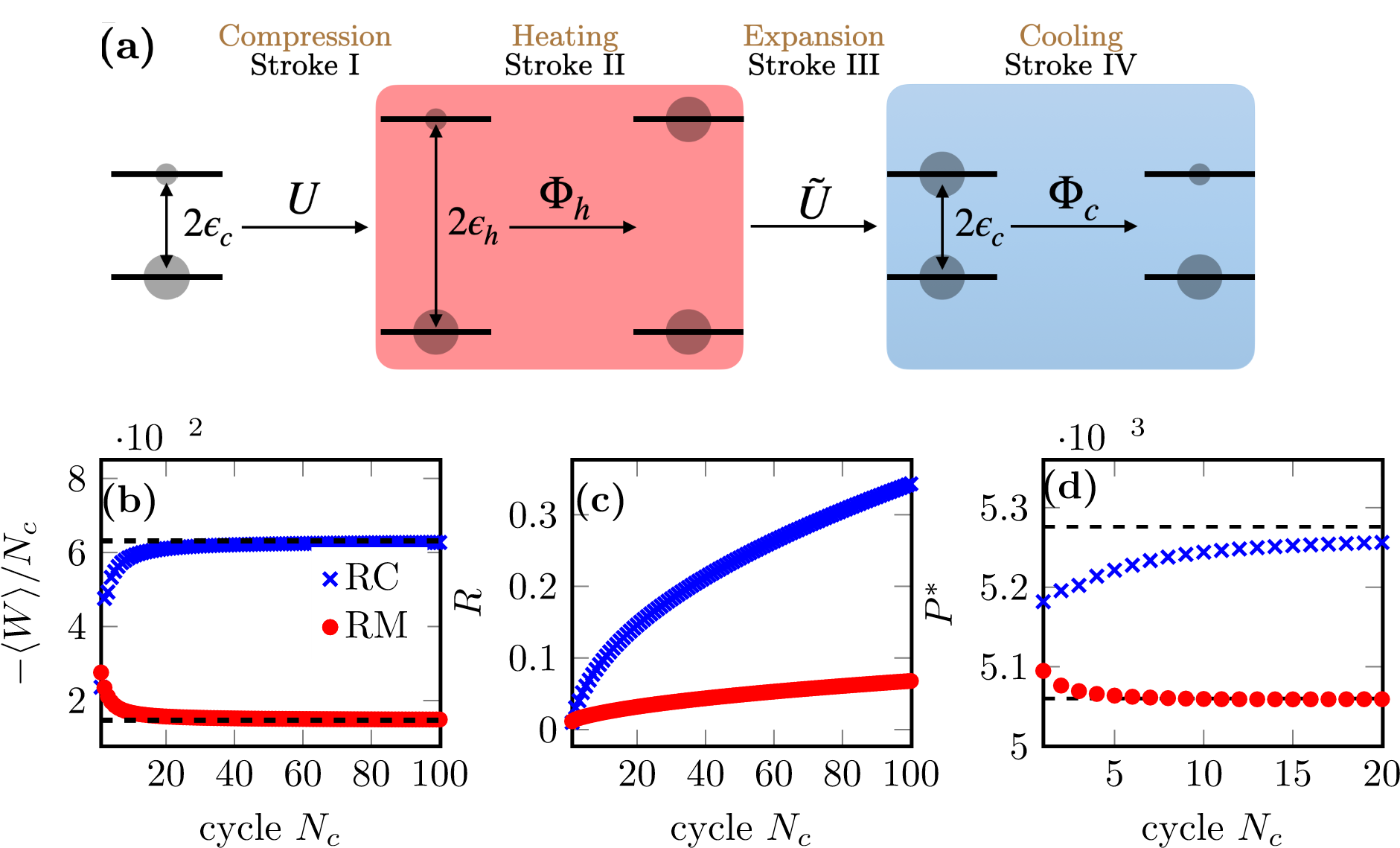 (a) Schematic of a single cycle (Nc =1) of an Otto cycle undergoing four strokes. The working substance is a qubit undergoing imperfect thermalizing heat (heating and cooling) strokes and finite-time work (compression and expansion) strokes. (b) Work output per cycle of the finite-time quantum Otto engine, (c) Reliability of the engine, and (d) The maximum power output. The engine operates for Nc cycles. In all cases, the repeated contacts (RC, blue crosses) scheme that preserves coherence outperforms the repeated measurements (RM, red filled circles) that kill all coherences.