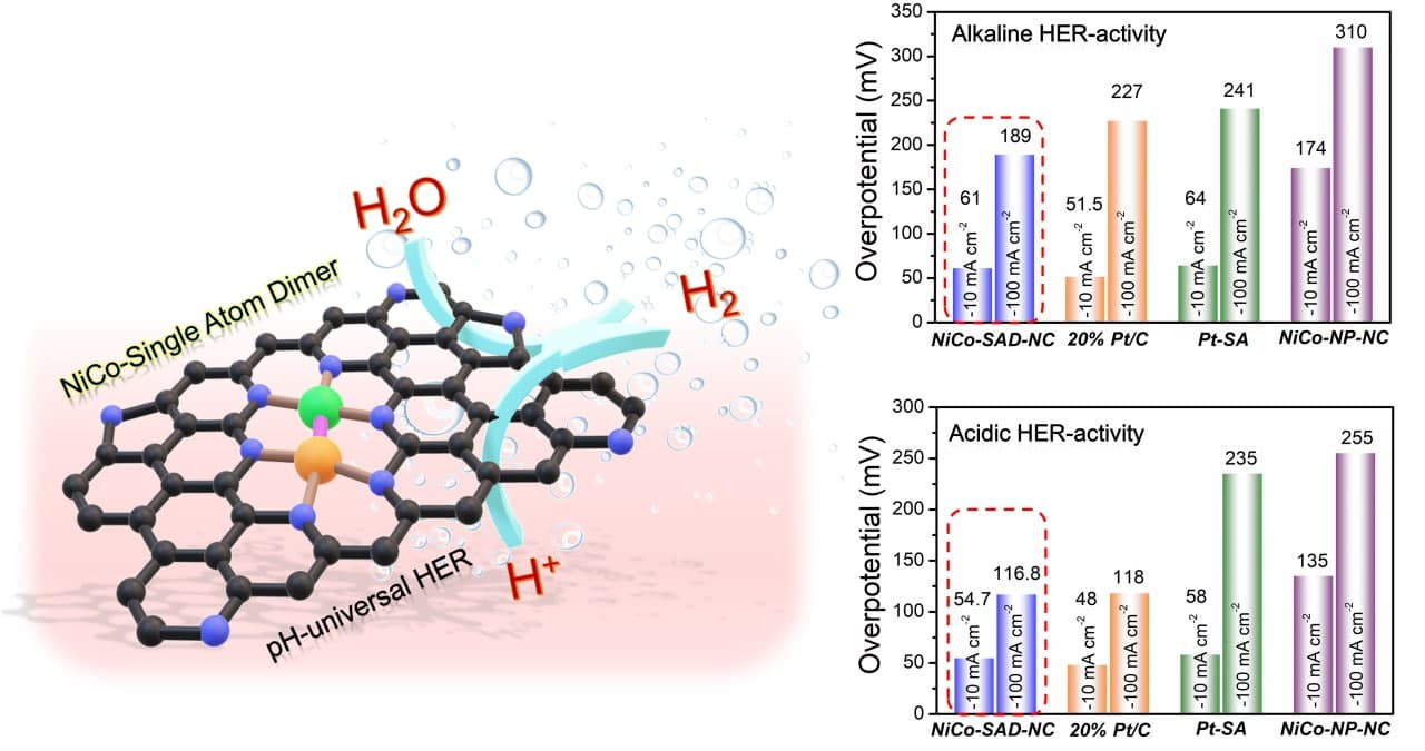 Figure 2. The schematic diagram of the hydrogen evolution reaction (HER) process using NiCo-SAD stabilized on N-doped carbon (left). HER activity in alkaline (top right) and acidic media (bottom right).