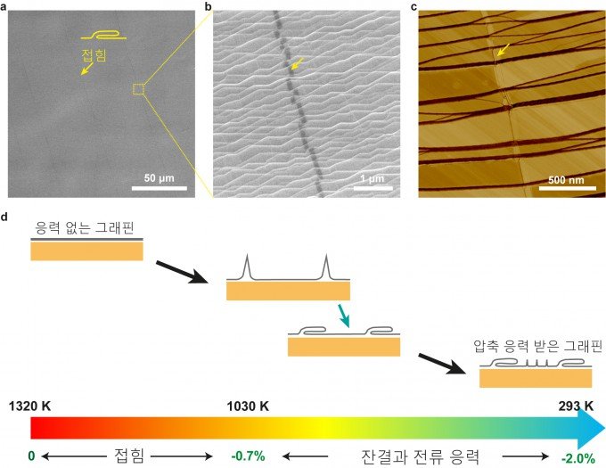금속 기판의 열을 식힐 때 그래핀에 접힘 현상이 일어난다. 출처 : 과학기술정보통신부