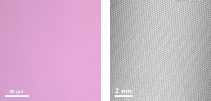 연구팀이 만든 접힘과 적층이 없는 무결점 그래핀의 모습. 광학 현미경(왼쪽)과 전자 현미경(오른쪽)에서 결함이 없는 모습을 볼 수 있다. (출처 : 과학기술정보통신부)