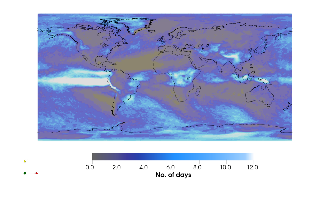 Fig. 1: Extreme precipitation days per decade due to greenhouse warming over the 21<sup>st</sup> century. The first step in deriving the pattern shown is identifying the once-in-ten-year events of maximum precipitation over 2000-2009 for the 100 simulations. Here, this threshold is chosen as the lowest of the top 100 values of precipitation. For the second step, the number of days over 2090-2099 that exceed the threshold value is counted, and thereby while a value of 1 on the scale (units of days) means that there is no change in future, a value of 6 indicates 5 additional days of extreme precipitation in future. Note that the color scale saturates at 12 days to emphasize the response over land, given the very large amplitude over the eastern equatorial Pacific domain.