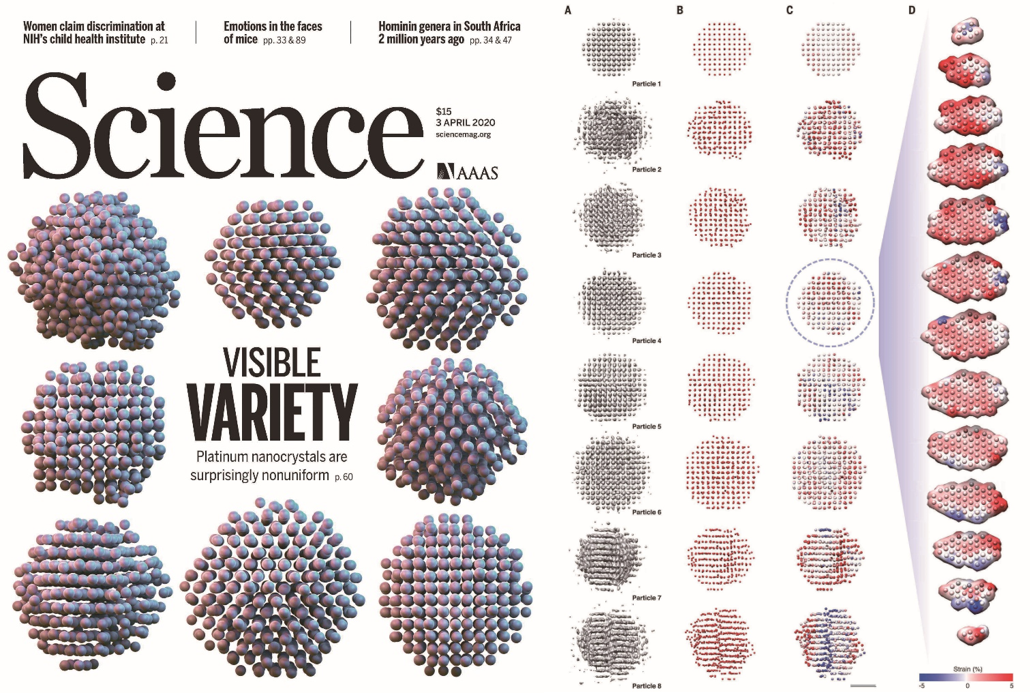 (Left) The cover of 2020 April 3rd issue of ‘Science’. The title of the article is ‘Visible Variety’.
            (Right) 8 particles were observed from top to bottom. (A) An atomic density map showing the probability that an atom will be found. (B) A map of individually tracked position information of atoms. (C) A three-dimensional map showing the atomic property index that the research team obtained through calculation. (D) The characteristic three-dimensional map of a single particle, which was spread out in several planes and displayed separately.
            