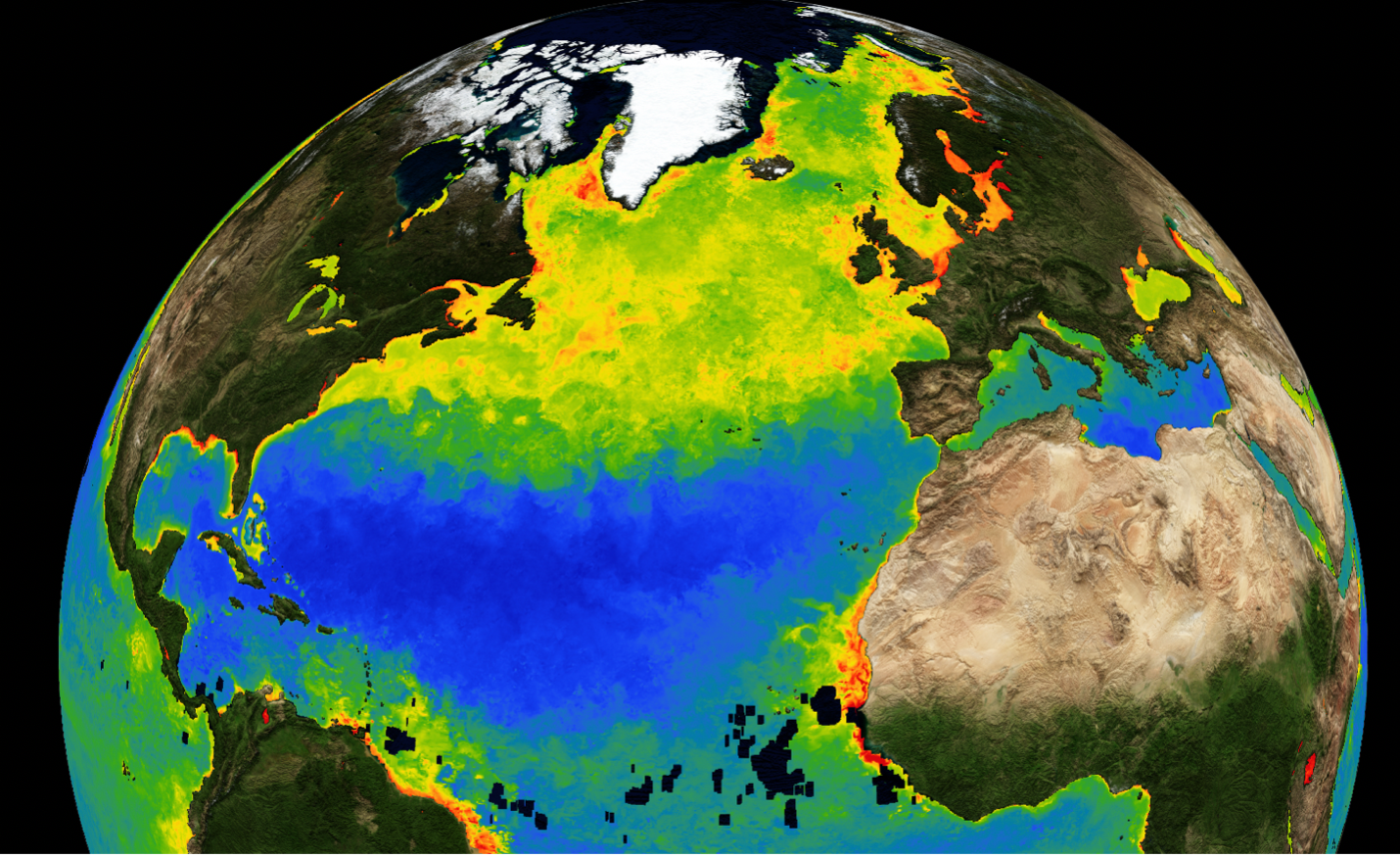 Fig.1: Marine phytoplankton spring bloom. Like plants and trees on land, phytoplankton in the ocean flourishes in the spring, as captured by satellite ocean color obervations. Green to red values indicate high phytoplankton concentrations. The image shows a snapshot from April, 2021 (Data from NASA OceanColor WEB https://oceancolor.gsfc.nasa.gov/).