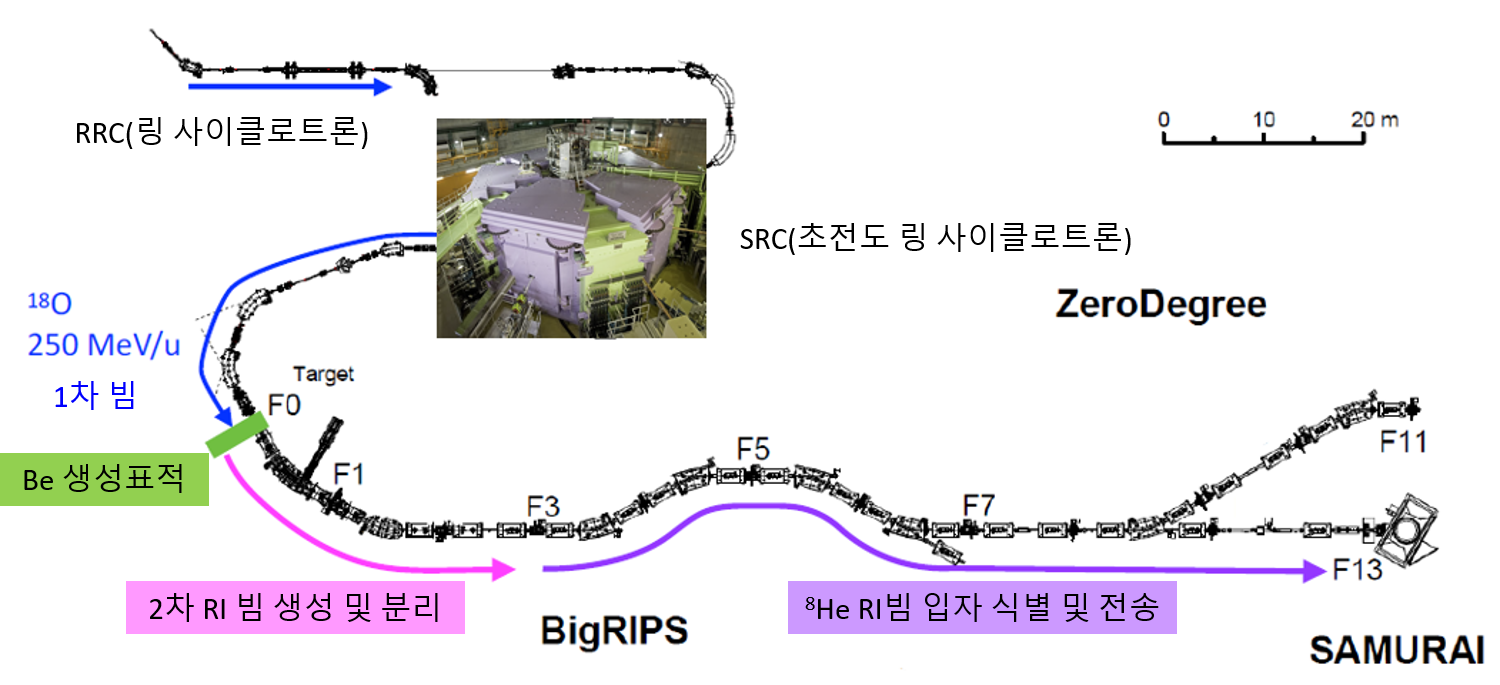 [그림 1] RIBF 가속기, 빔 생성 및 분리 장치(BigRIPS), 다중입자 측정 실험장치 개념도 