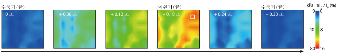 [그림3] 심외막 압력 분포의 시공간 컬러 맵 데이터
            압력 감지 트랜지스터를 사용한 심장 외압을 실시간 감지 추적함.