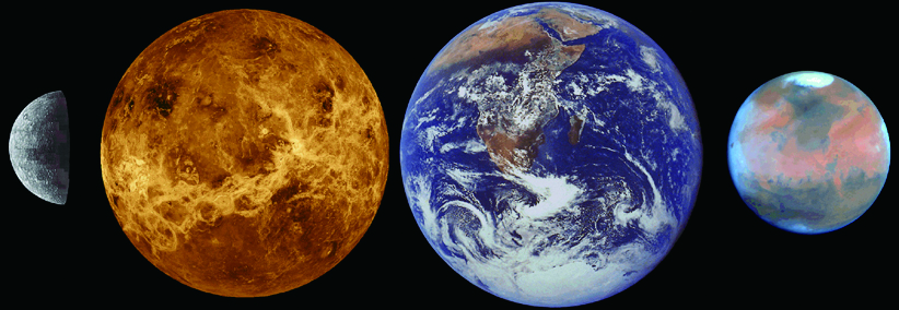 금성은 지구와 쌍둥이 행성이라 할 정도로 크기가 비슷하다. (왼쪽부터)수성, 금성, 지구, 화성의 크기 비율.