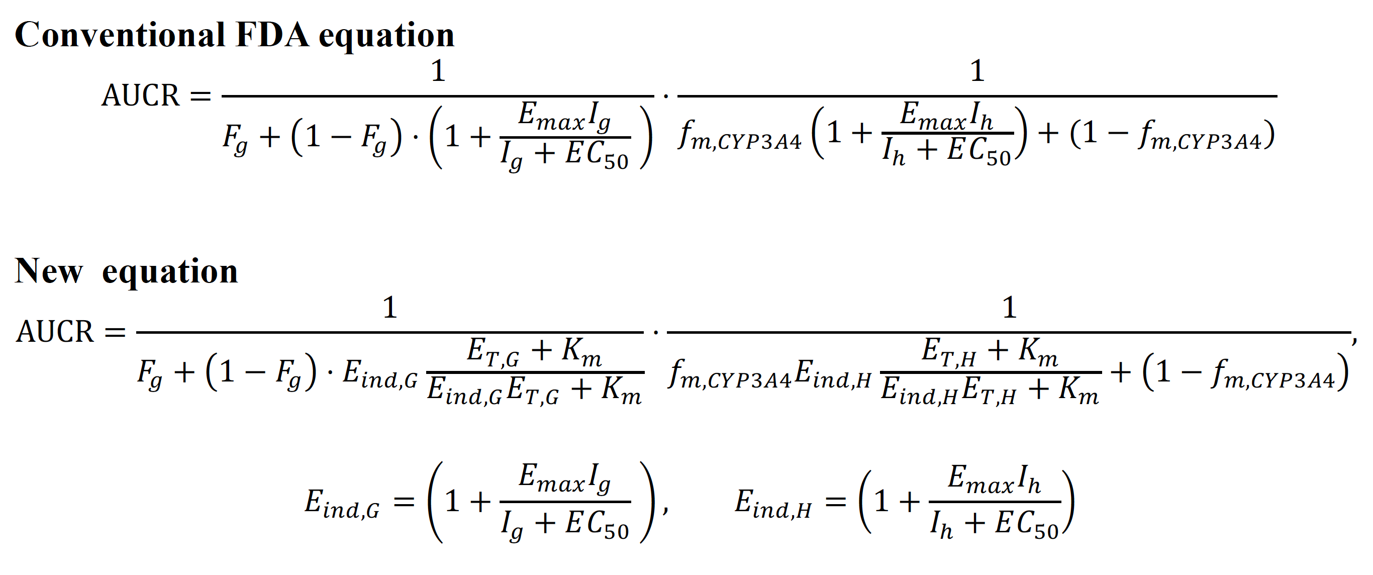 Figure 2. The new equation provides more accurate predictions than the conventional FDA equation. The FDA equation with Fg estimated assuming Fa = 1 underpredicts the area under the curve ratio (AUCR), which represents the drug-drug interaction mediated by CYP enzyme induction, for numerous drug pairs (grey dots). On the other hand, the new equation with re-estimated Fg predicts the AUCR within two-fold errors for nearly double the number of drug pairs than the conventional FDA equation. Solid and dashed lines are the line of precise prediction and two-fold error, respectively.