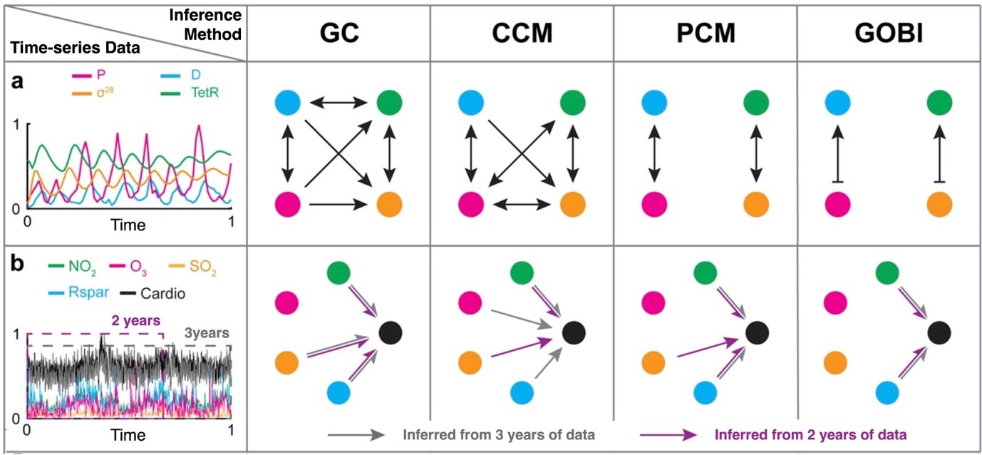 Figure 2. Comparison of causal inference results between the developed methodology (GOBI) and existing model-free methods (GC: Granger Causality; CCM: Convergent Cross Mapping; and PCM: Partial Cross Mapping).
            