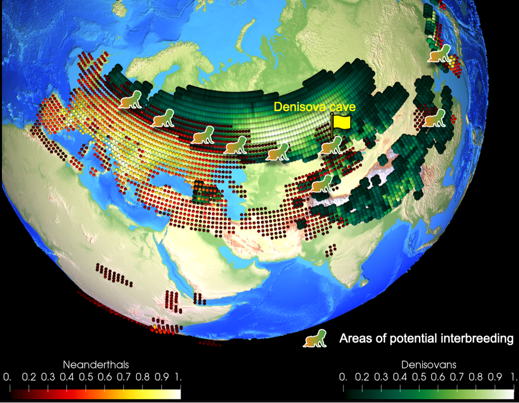 Fig. 2: Illustration of Neanderthal (redscale) /Denisovan (greenscale) preferred habitats. Potential interbreeding areas in Central Asia and northern Europe are indicated by overlapping colors and baby-shapes.