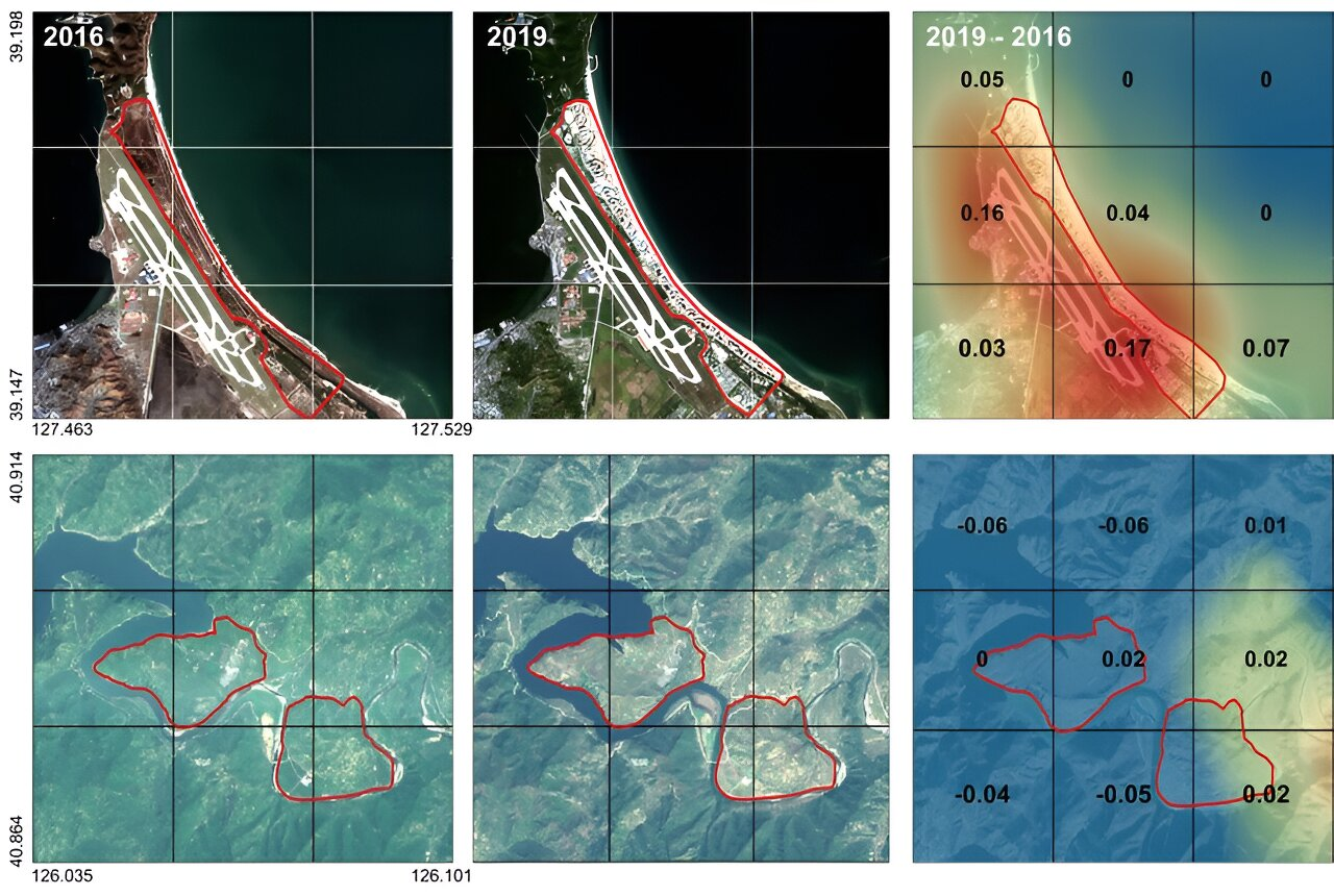 [Figure 2] Comparison of economic scores within North Korea using satellite images from 2016 and 2019. Significant development progress was observed in the tourist development area of Wonsan Kalma District (top), while there was little change in the industrial development area of Wiwon Development Zone (bottom). (Background image: Provided by the European Space Agency (ESA))